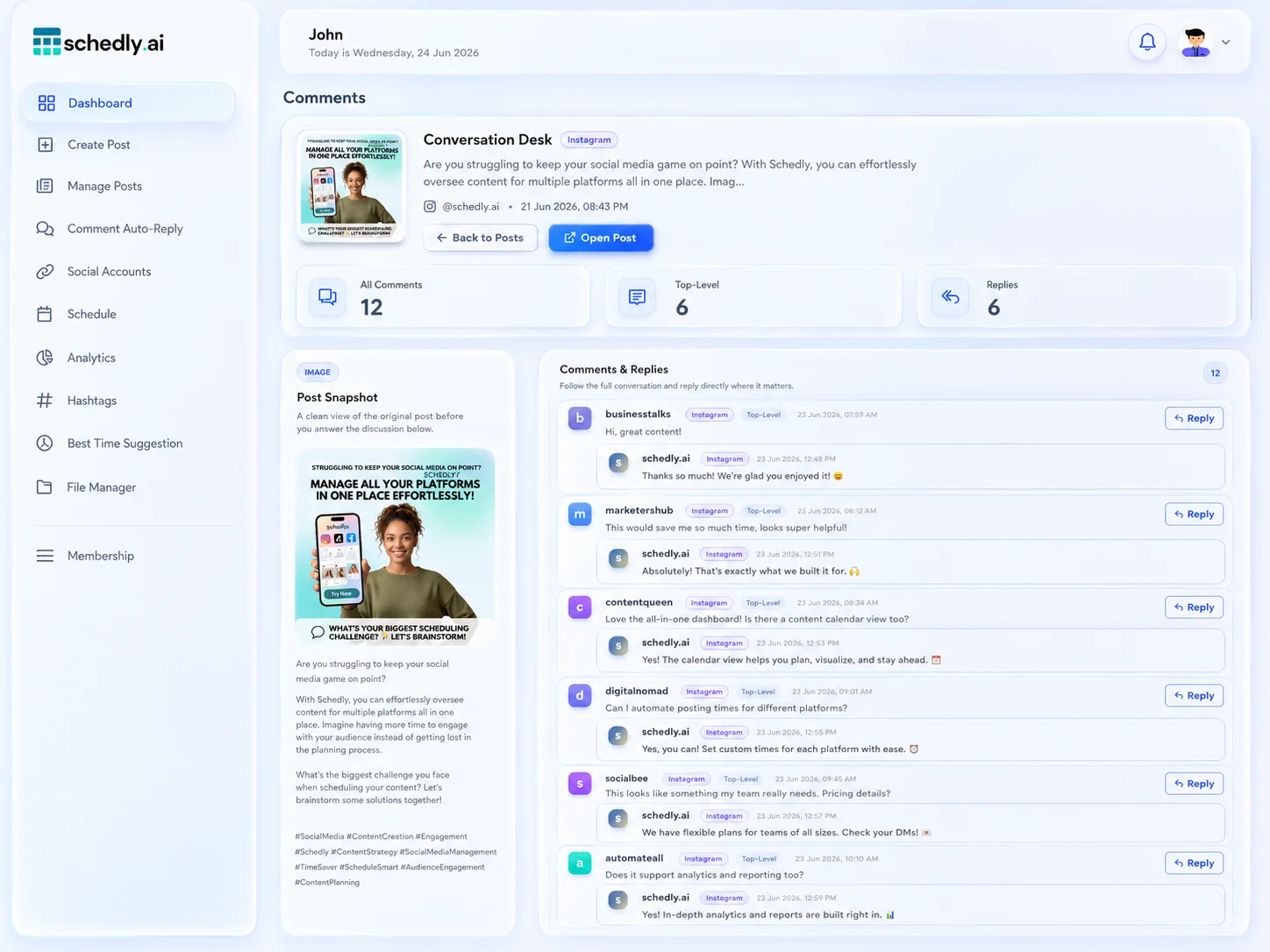 Schedly AI comment auto-reply dashboard