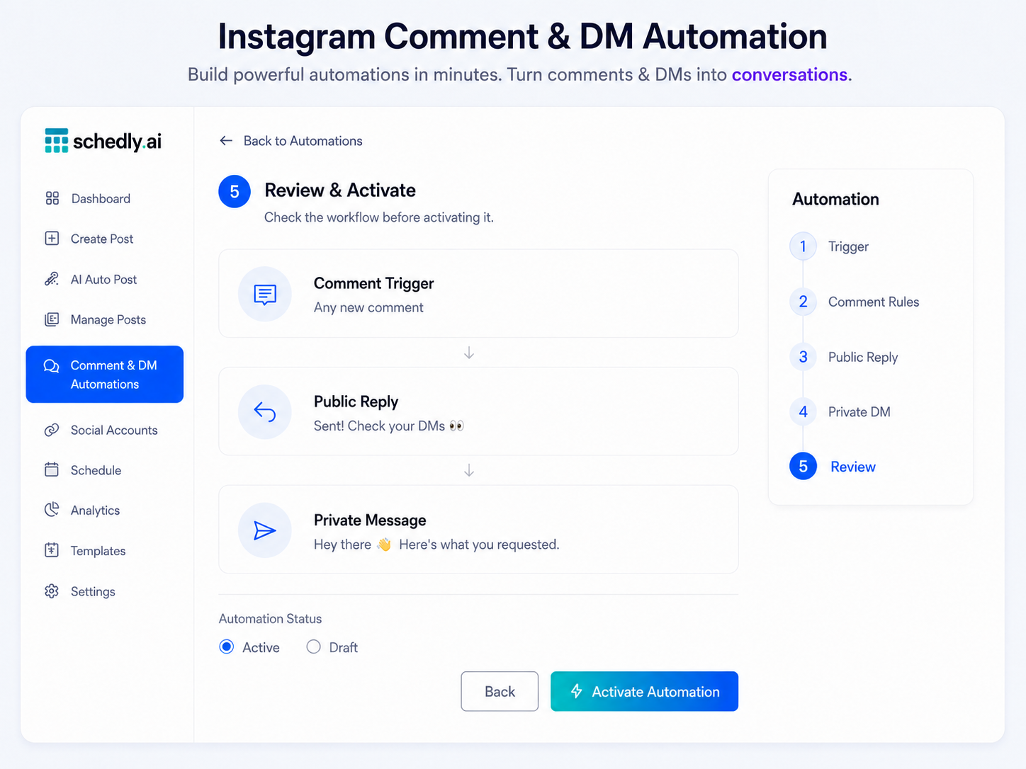 Schedly AI comment auto-reply dashboard